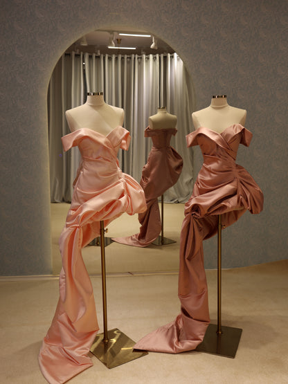 Asymmetric Draped Satin Evening Gown with Train
