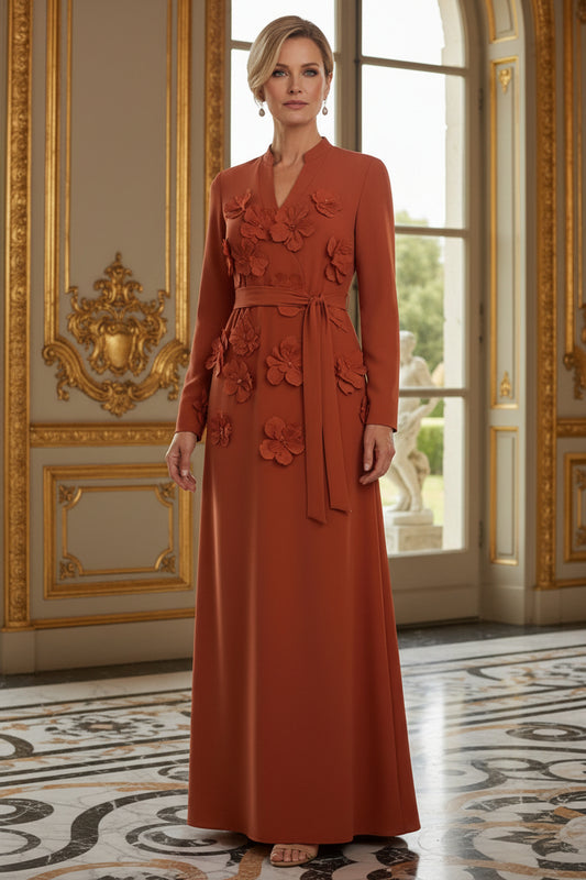 3D Floral Applique Long Sleeve Floor-Length Gown