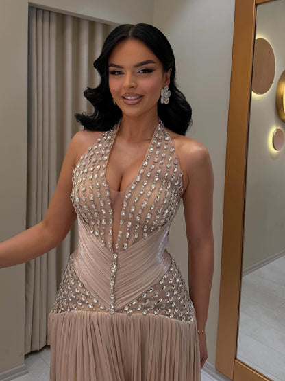 Halter Neck Rhinestone Pleated Evening Gown