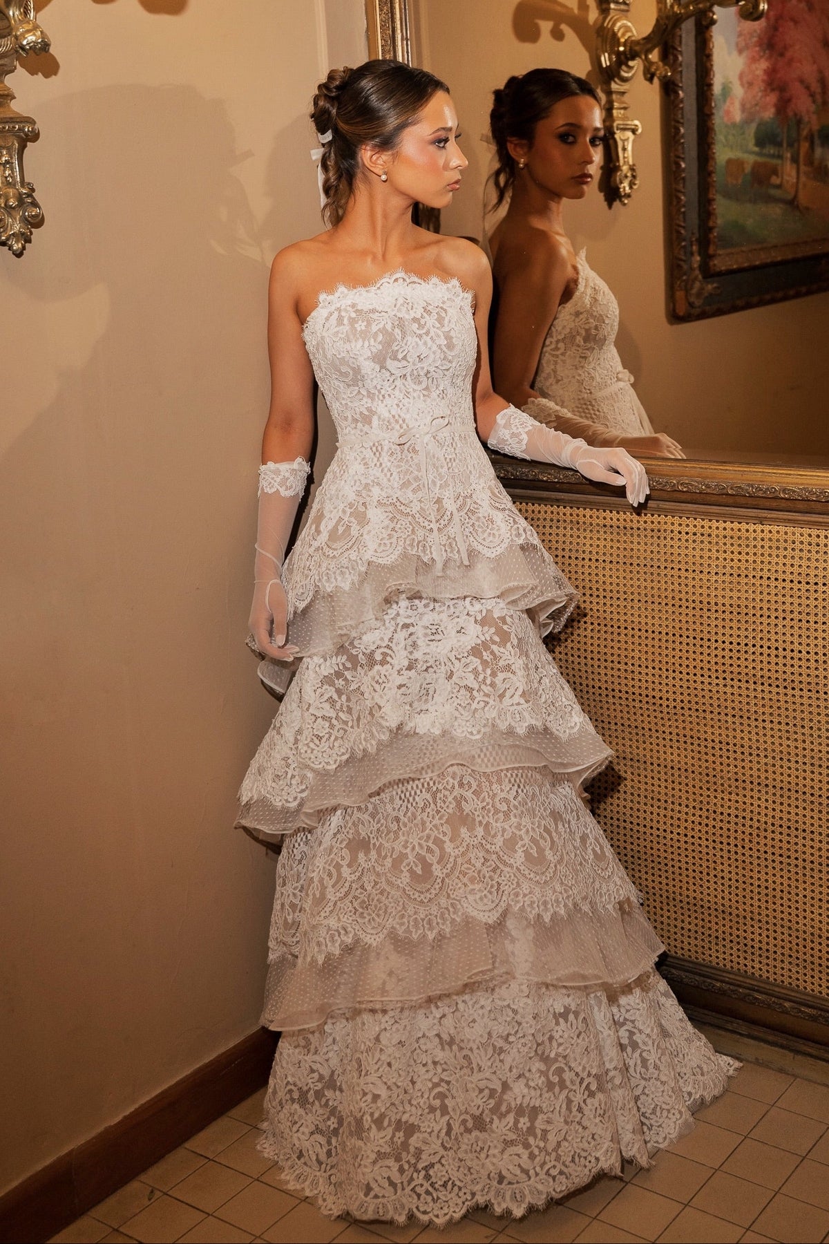 Strapless Tiered Lace Floor-Length Wedding Dress