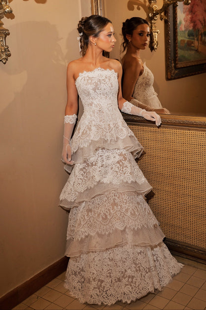 Strapless Tiered Lace Floor-Length Wedding Dress