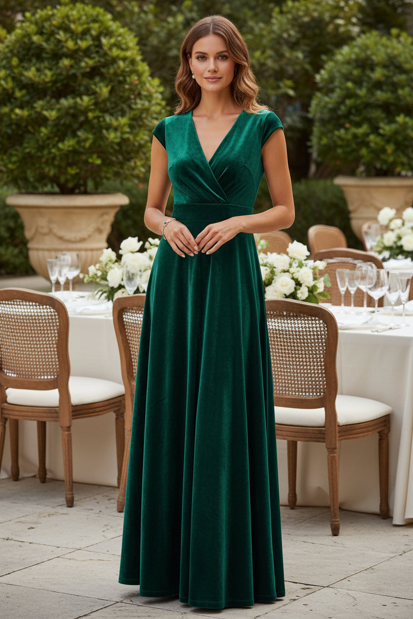 V-Neck Velvet A-Line Evening Gown with Cap Sleeves