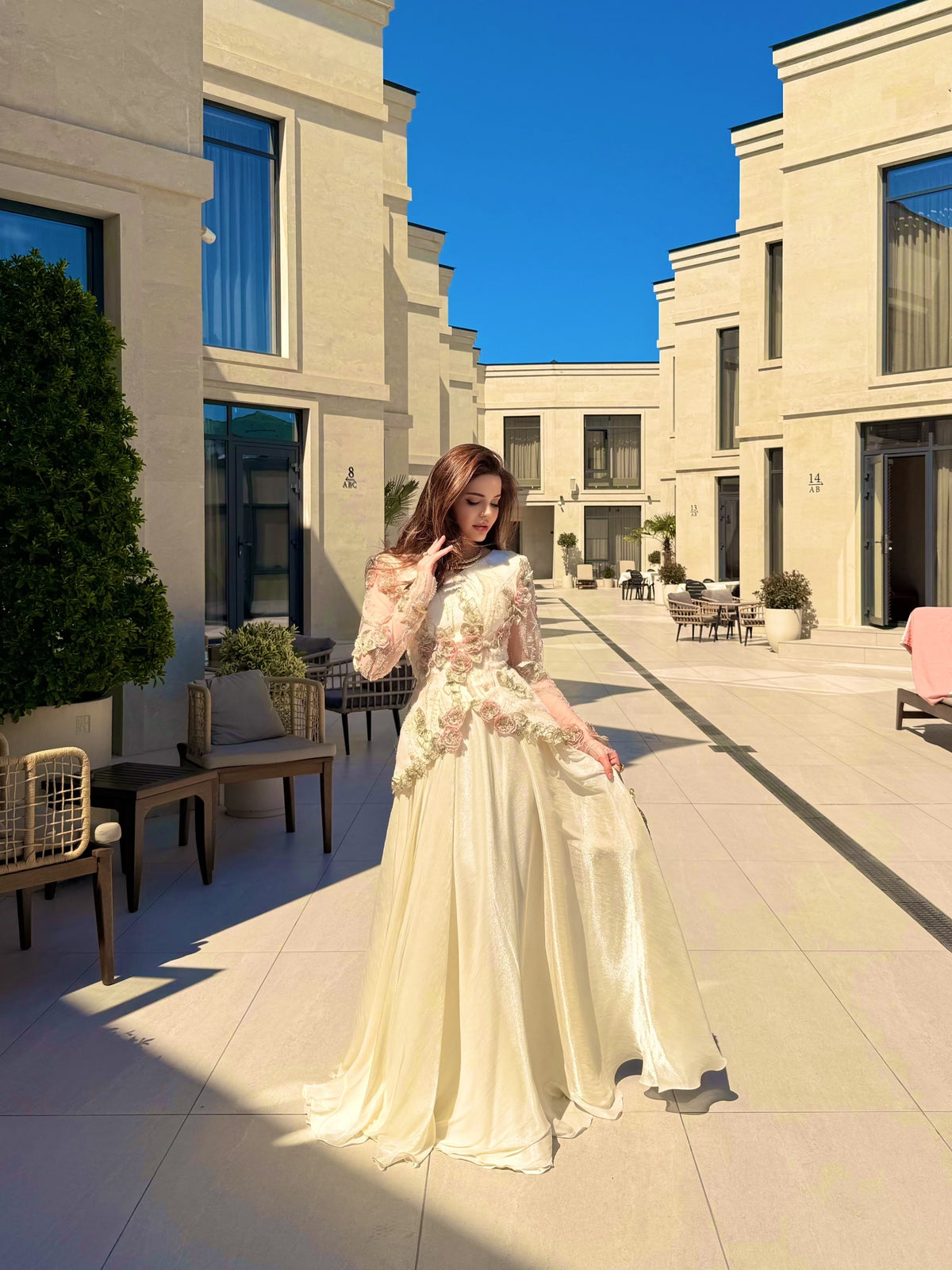 Floral Applique Peplum Gown with Long Sleeves
