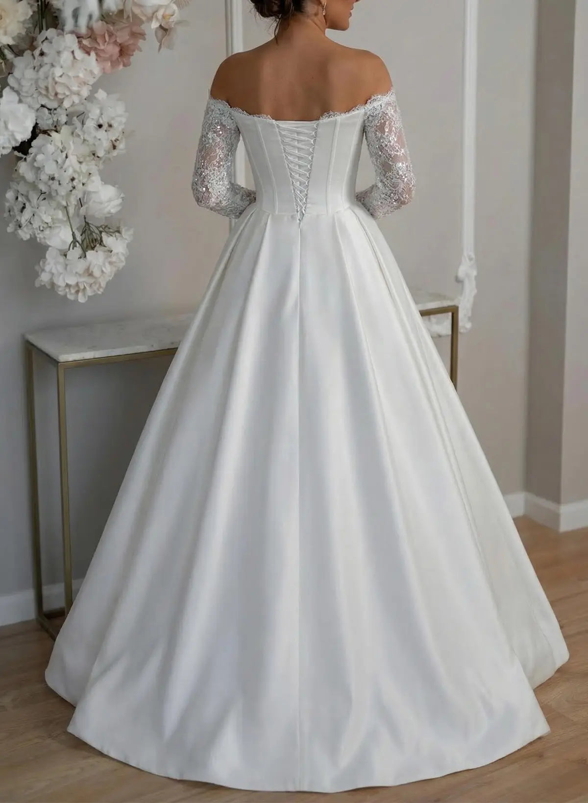 Off-the-Shoulder Satin Ball Gown with Lace Sleeves