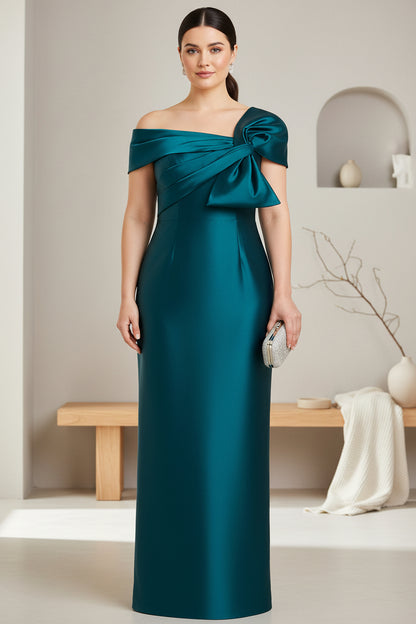 Teal Satin Off-the-Shoulder Bow Gown | Plus Size Mother of the Bride Dress