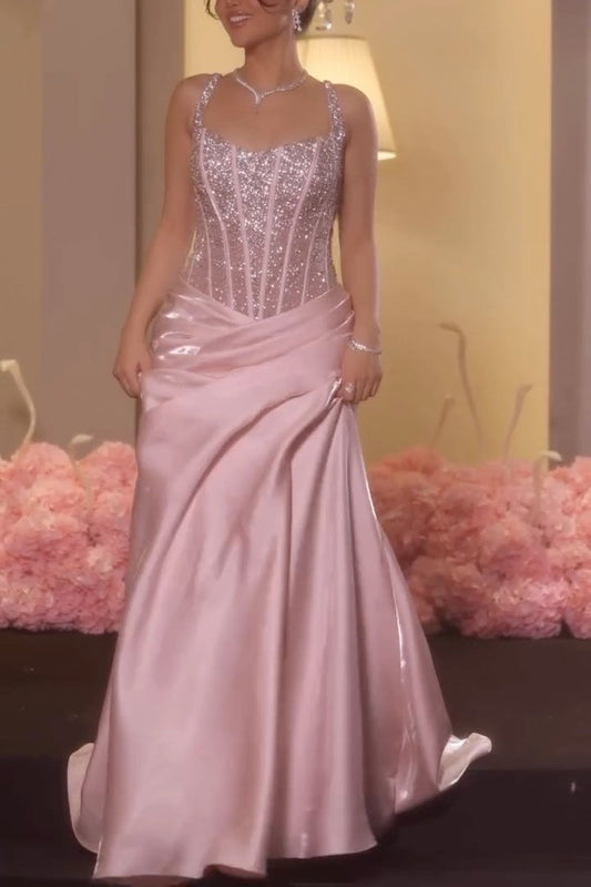 Corset Beaded Satin Ball Gown with Side Draping