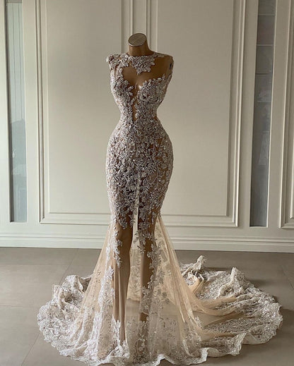 Beaded Lace Mermaid Wedding Dress with Train