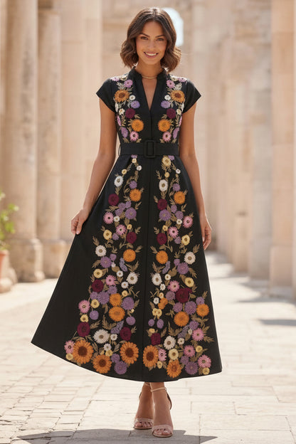 Black Floral Embroidered Belted A-Line Midi Dress with Cap Sleeves