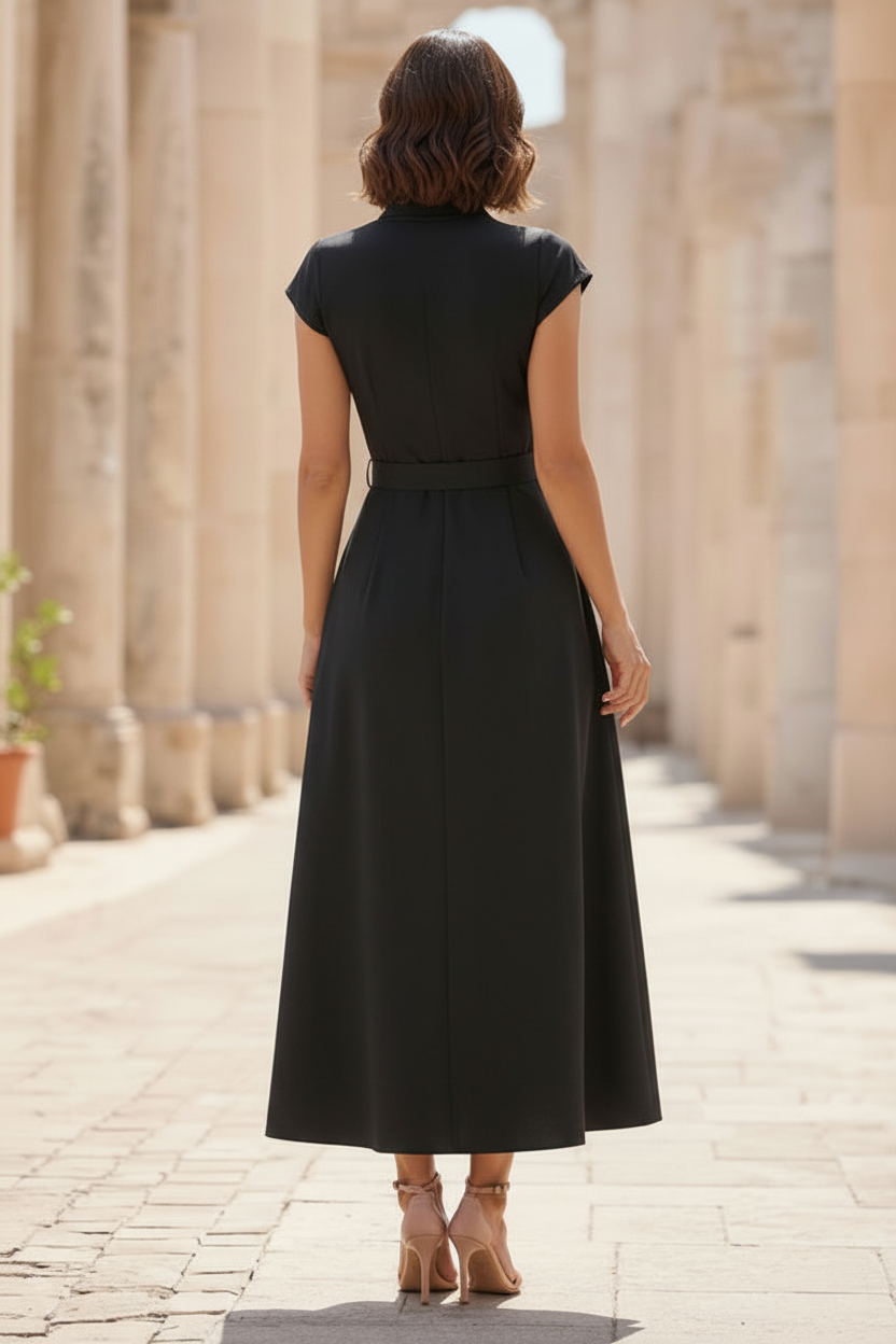 Black Floral Embroidered Belted A-Line Midi Dress with Cap Sleeves