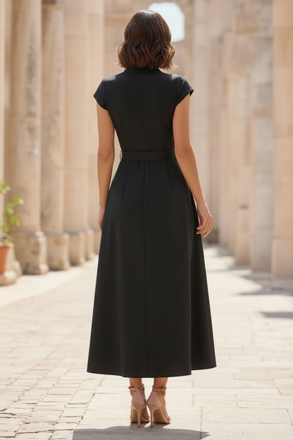 Black Floral Embroidered Belted A-Line Midi Dress with Cap Sleeves