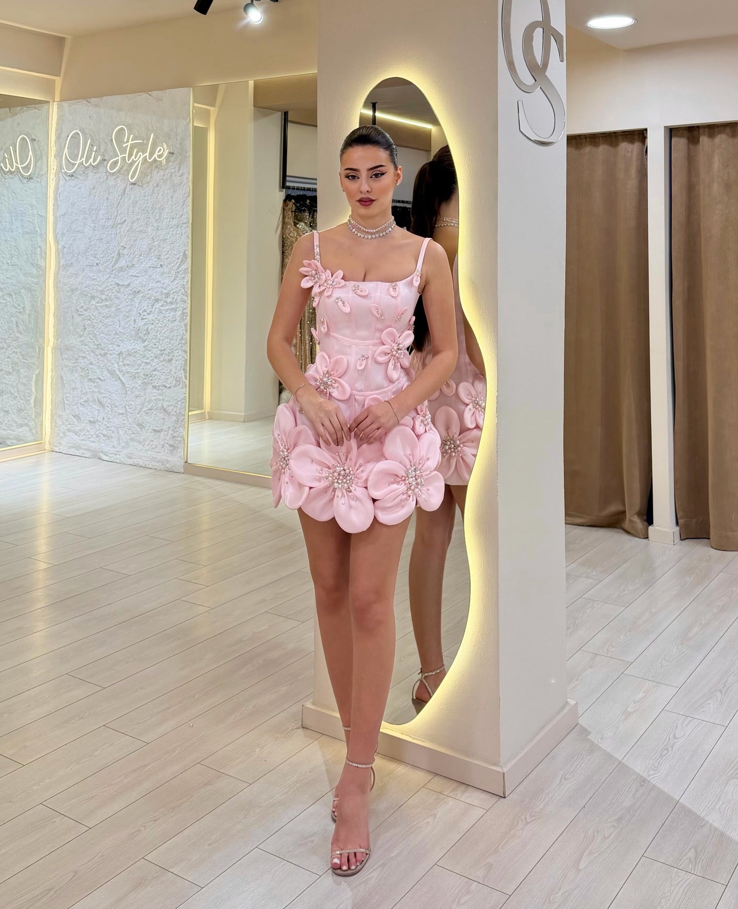 3D Floral Corset Mini Dress with Spaghetti Straps