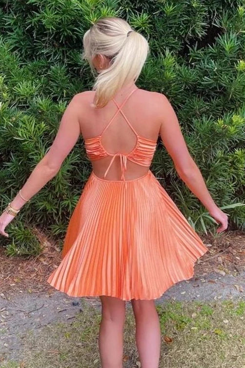 Pleated Cut-Out Mini Dress with Crisscross Tie Back