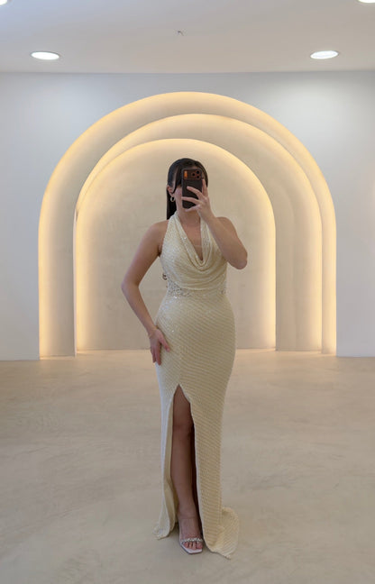 Halter Cowl Neck Sequin Gown with High Slit