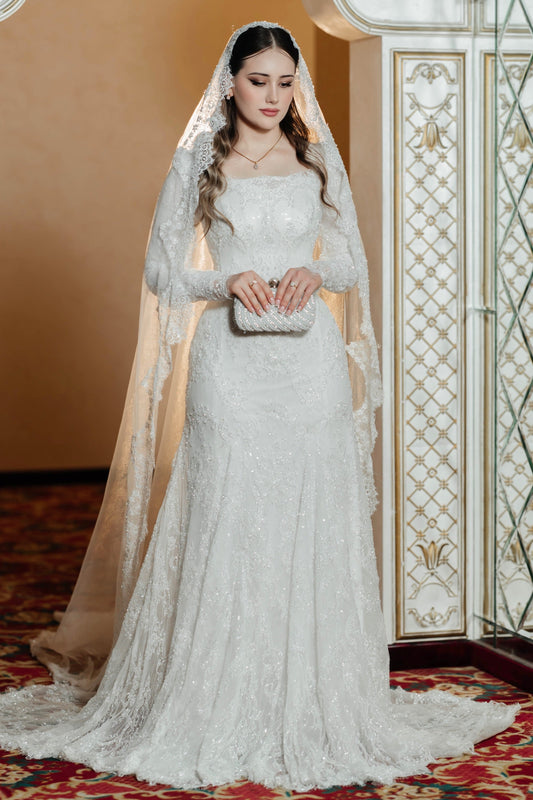 Square Neck Long Sleeve Lace Trumpet Wedding Dress