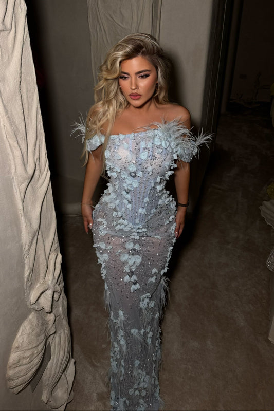 Off-The-Shoulder Feather and 3D Floral Gown