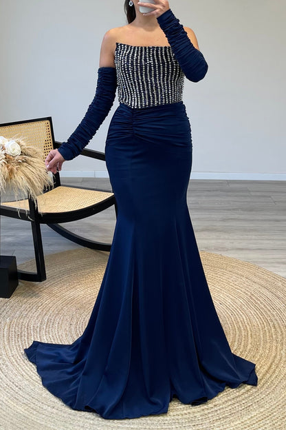 Crystal Bodice Mermaid Gown with Ruched Sleeves
