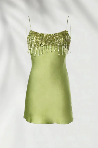 Beaded Fringe Satin Slip Mini Dress