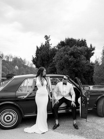 Plunging V-Neck Mermaid Wedding Gown with Sweep Train
