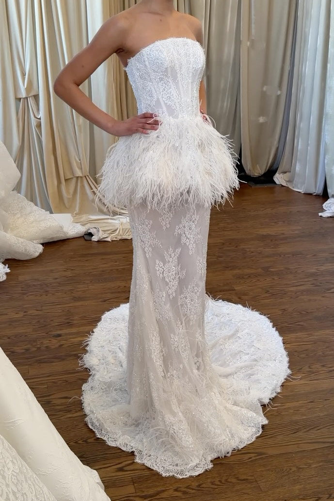 Strapless Lace Wedding Dress with Feather Peplum