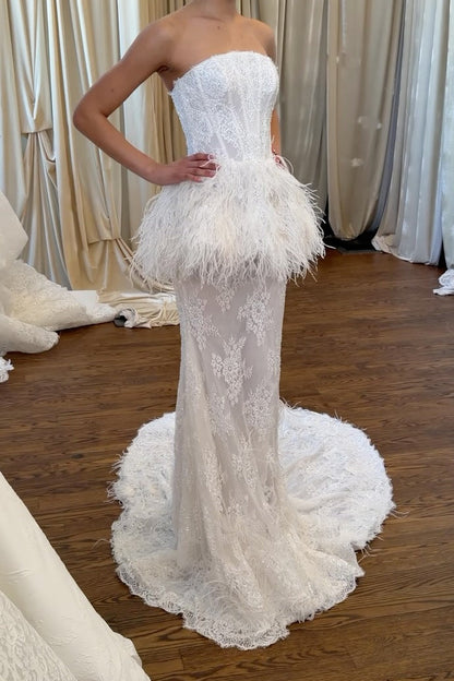 Strapless Lace Wedding Dress with Feather Peplum