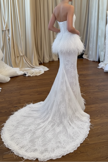 Strapless Lace Wedding Dress with Feather Peplum