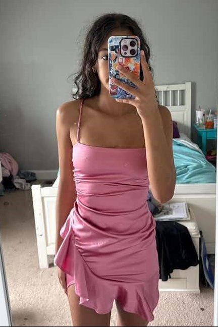 Ruched Satin Bodycon Mini Dress with Ruffle Hem