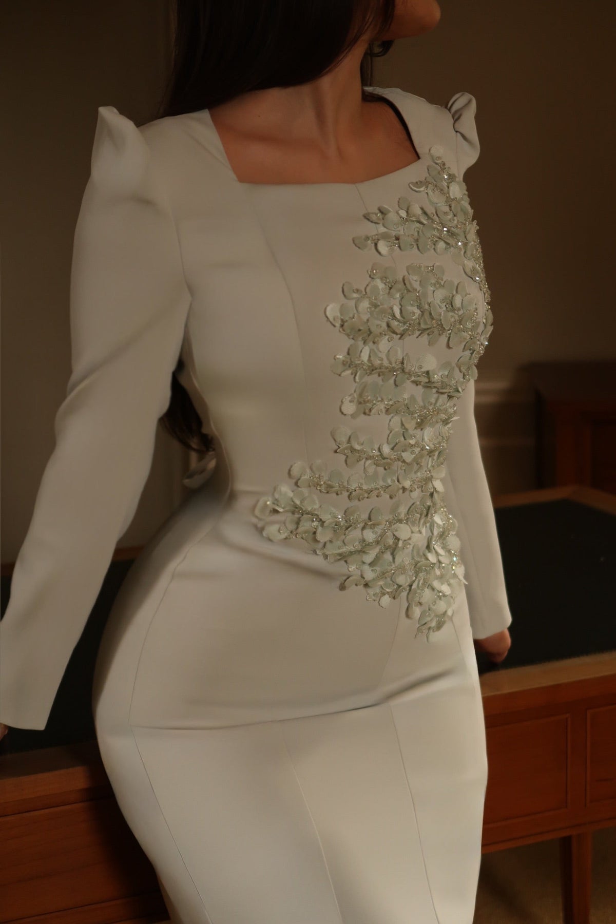 Floral Applique Mermaid Gown with Puff Long Sleeves