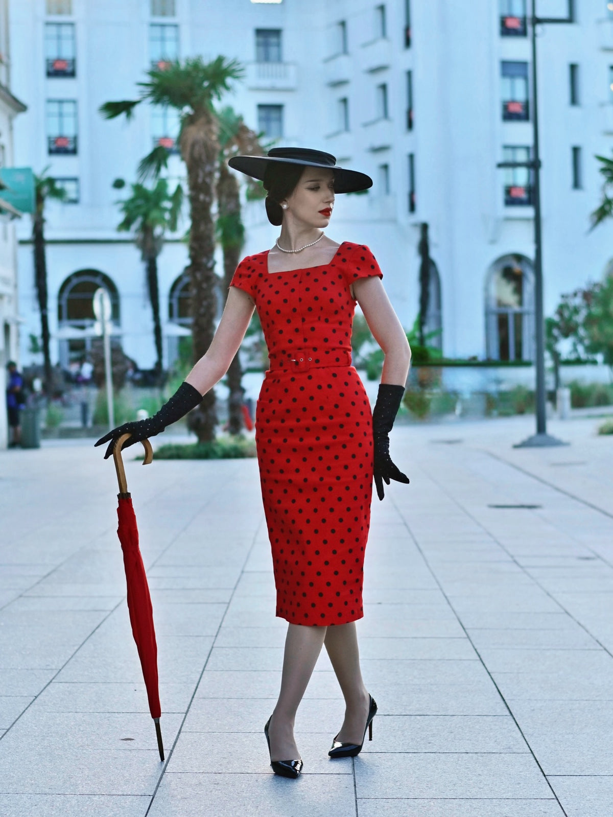 Polka Dot Cap Sleeve Midi Sheath Dress with Belt