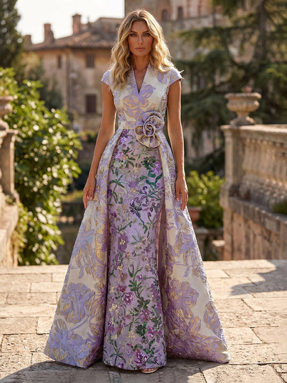 Jacquard Evening Gown with Embroidered Sheath Skirt