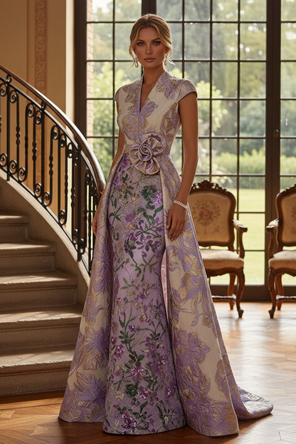 Jacquard Evening Gown with Embroidered Sheath Skirt