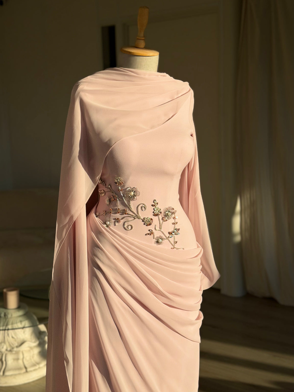 Draped Cape Sleeve Gown with Beaded Waist Detail