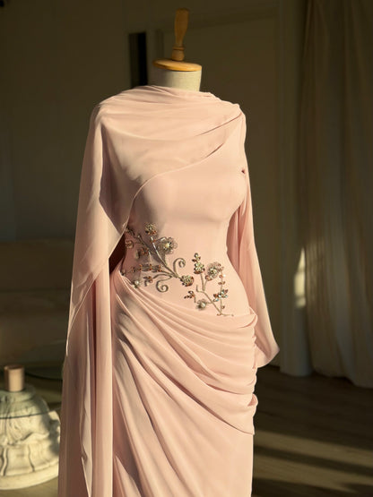 Draped Cape Sleeve Gown with Beaded Waist Detail