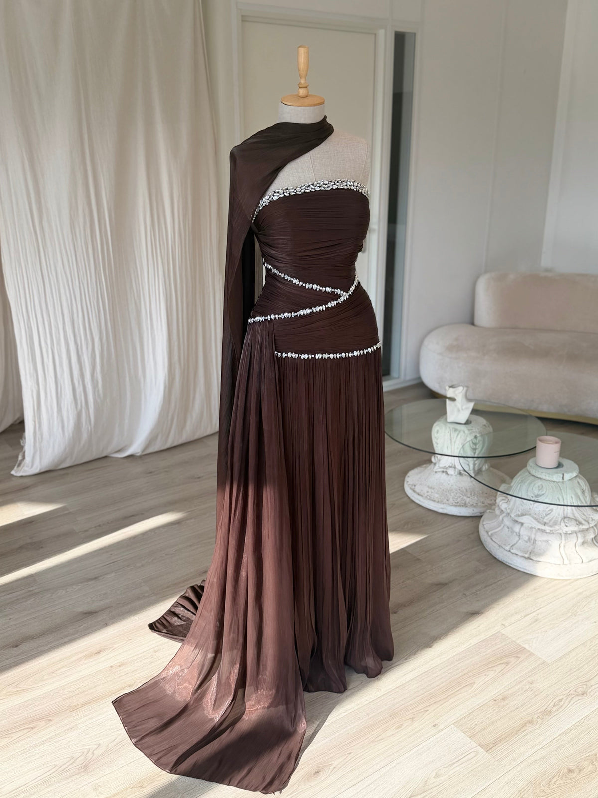 Ruched Column Gown with Draped Cape and Crystal Trim