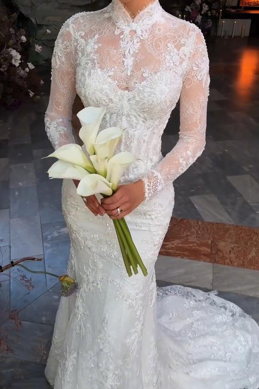 Illusion High Neck Long Sleeve Lace Mermaid Wedding Dress