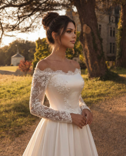 Off-Shoulder Lace Sleeve A-Line Wedding Dress
