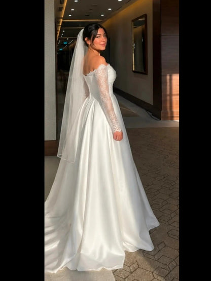 Off-the-Shoulder Lace Sleeve A-Line Bridal Gown