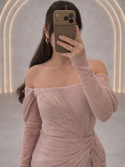 Off-Shoulder Lace Draped Evening Gown