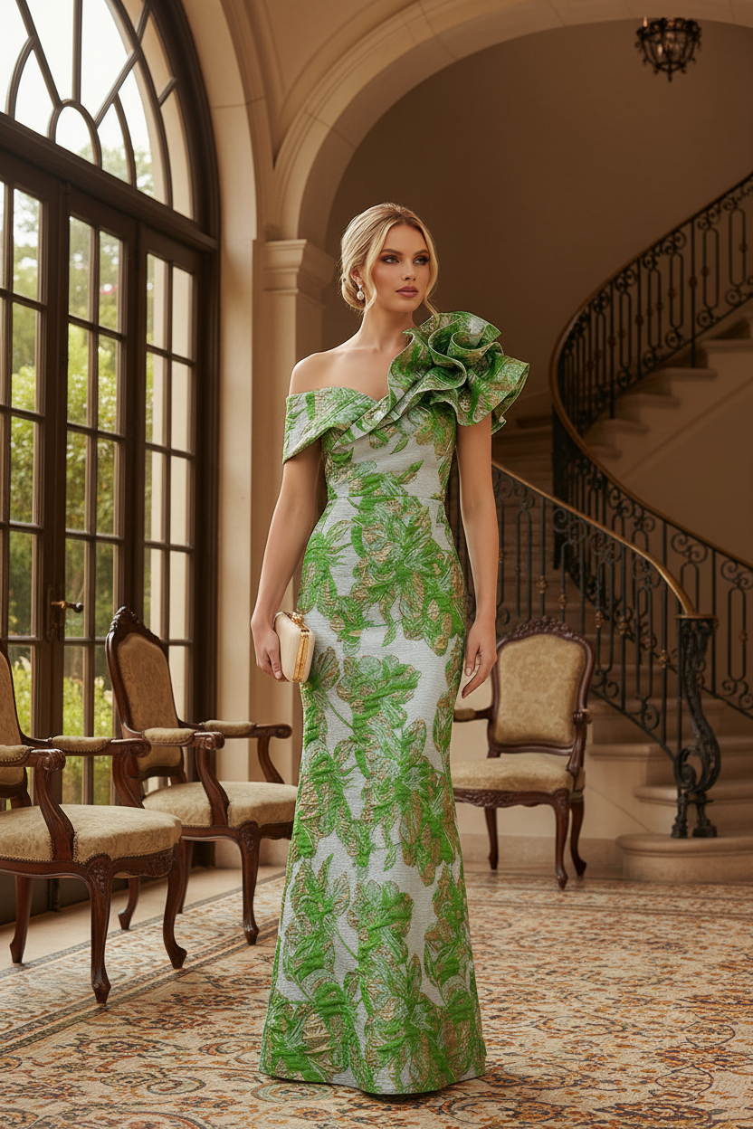 Asymmetrical Ruffle One Shoulder Jacquard Evening Gown