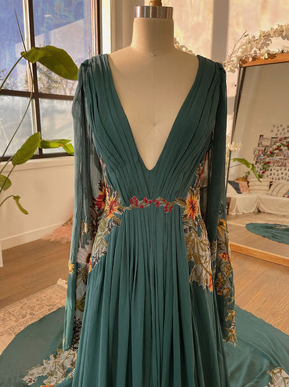 Boho Floral Embroidered V-Neck Chiffon Gown with Train