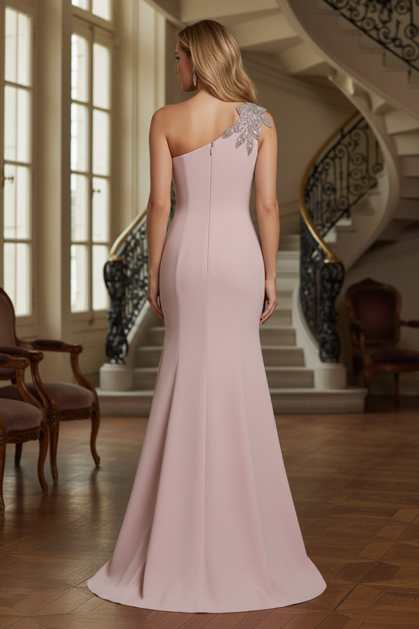 One-Shoulder Beaded Crepe Mermaid Gown