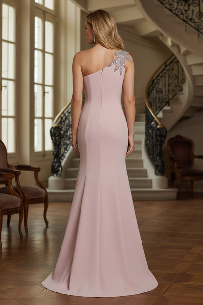 One-Shoulder Beaded Crepe Mermaid Gown