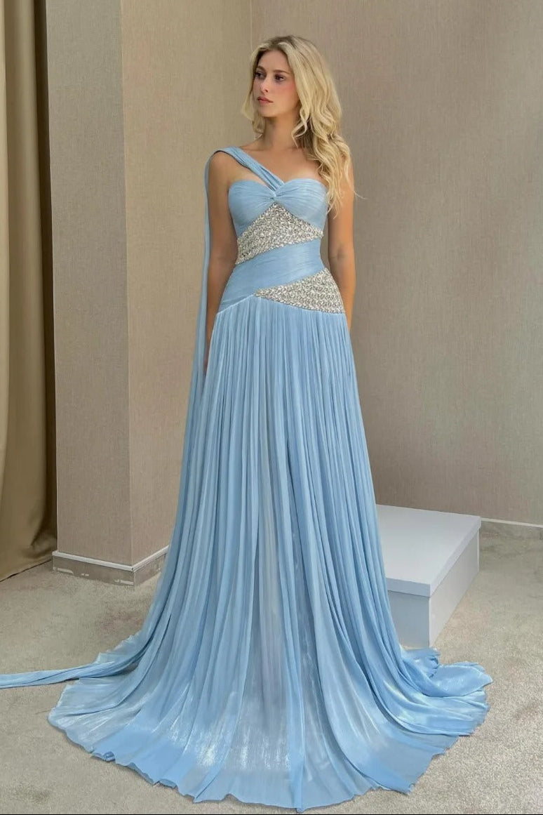 Pleated Asymmetrical Gown with Crystal Accents