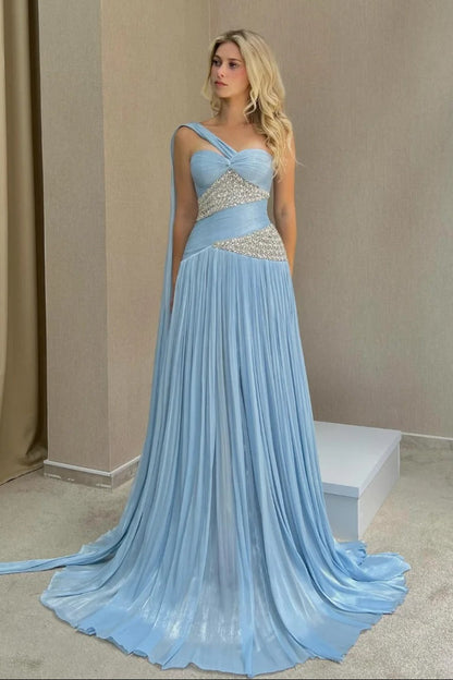 Pleated Asymmetrical Gown with Crystal Accents