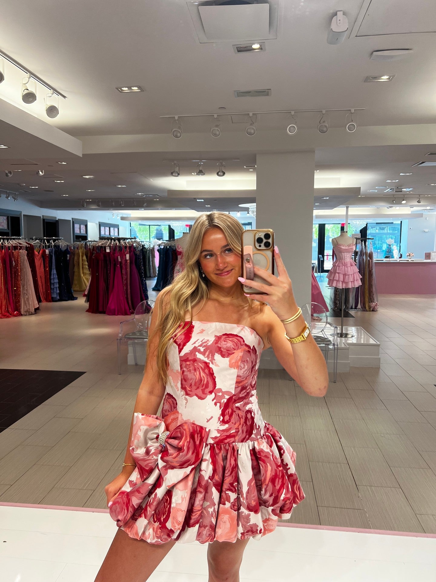 Floral Strapless Bubble Skirt Mini Dress with Bow