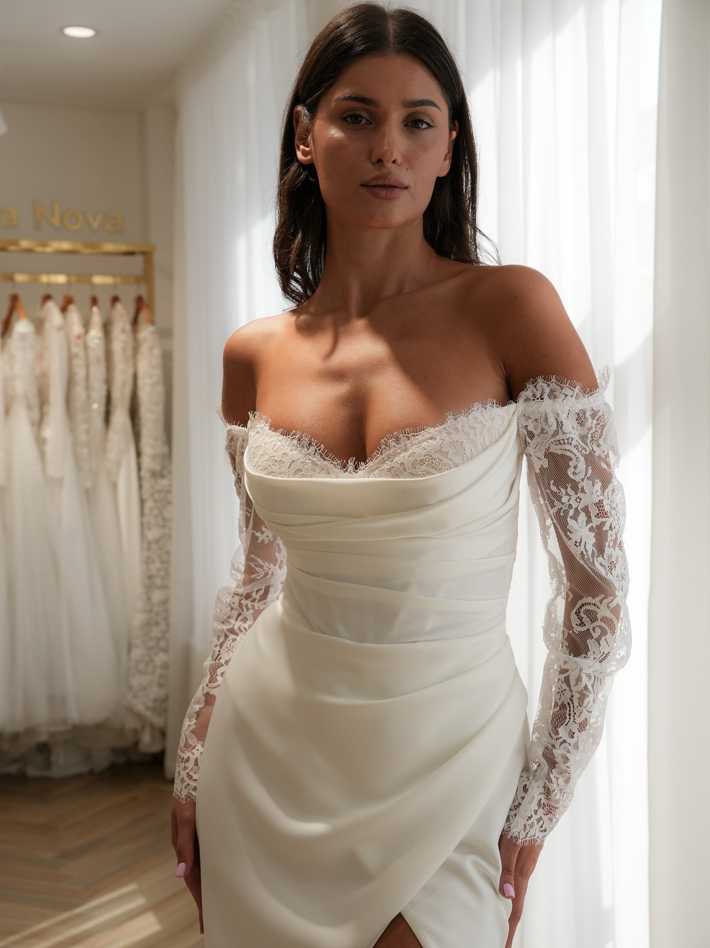 Off-the-Shoulder Lace Sleeve Wedding Dress with Slit
