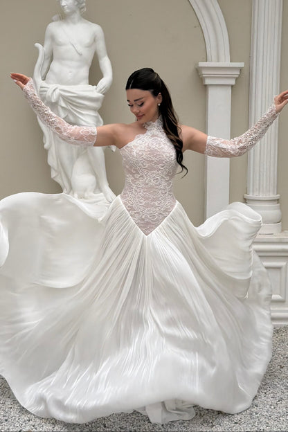 Lace Halter Ball Gown with Pleated Skirt