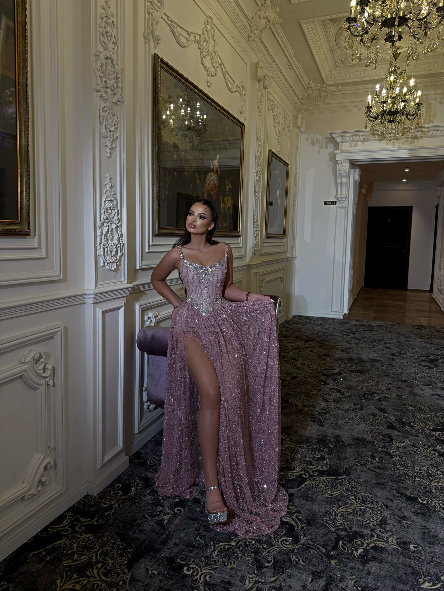 Glitter A-Line Corset Evening Gown with Thigh Slit