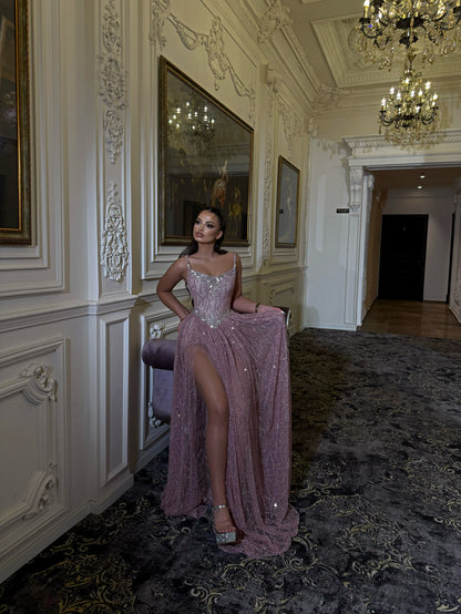 Glitter A-Line Corset Evening Gown with Thigh Slit