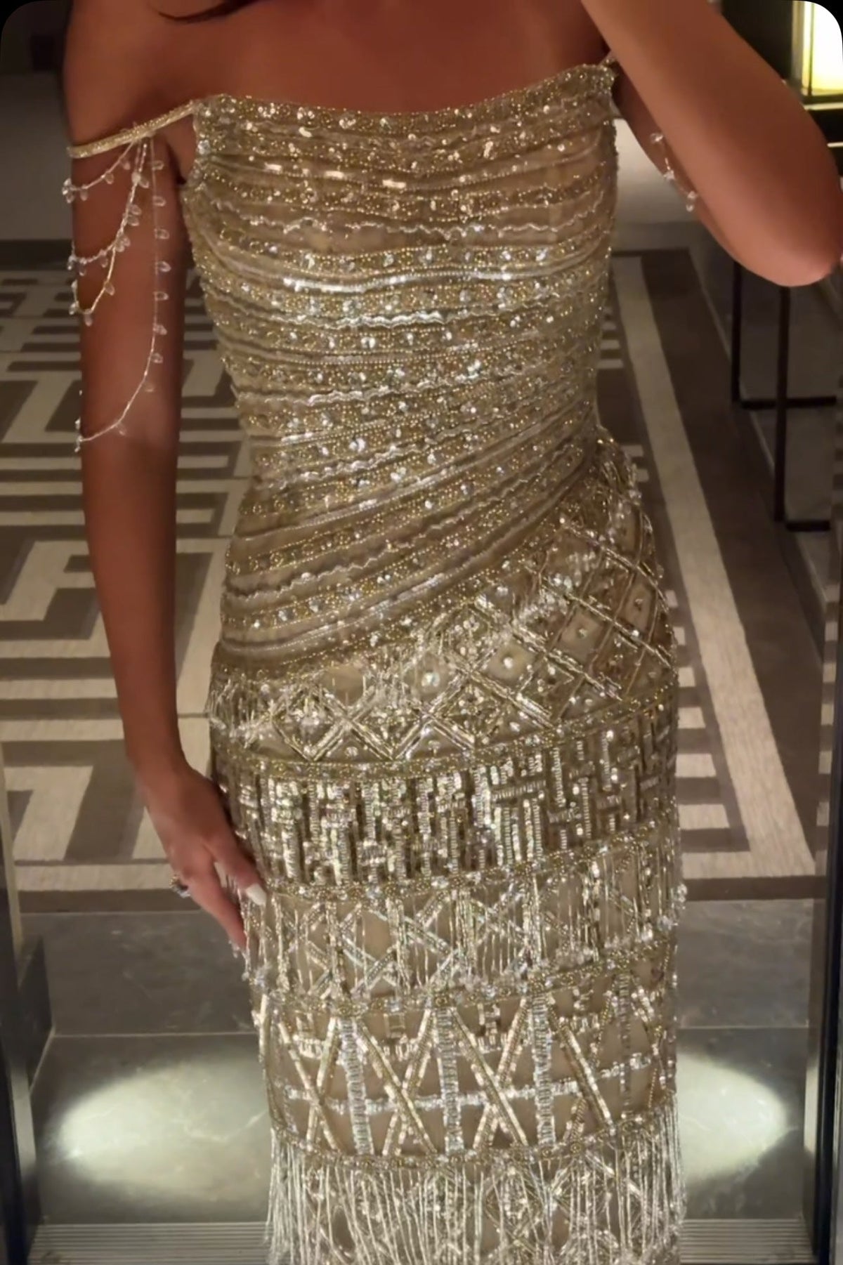 Beaded Fringe Off-the-Shoulder Column Evening Gown
