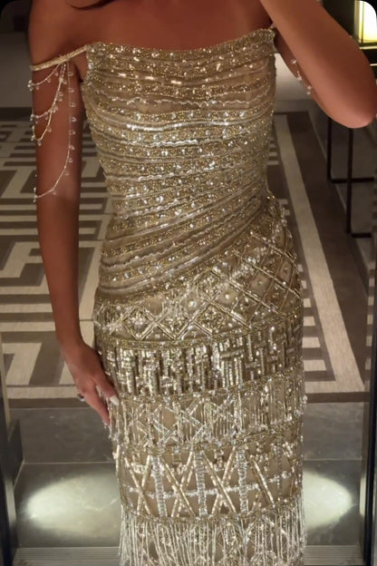 Beaded Fringe Off-the-Shoulder Column Evening Gown